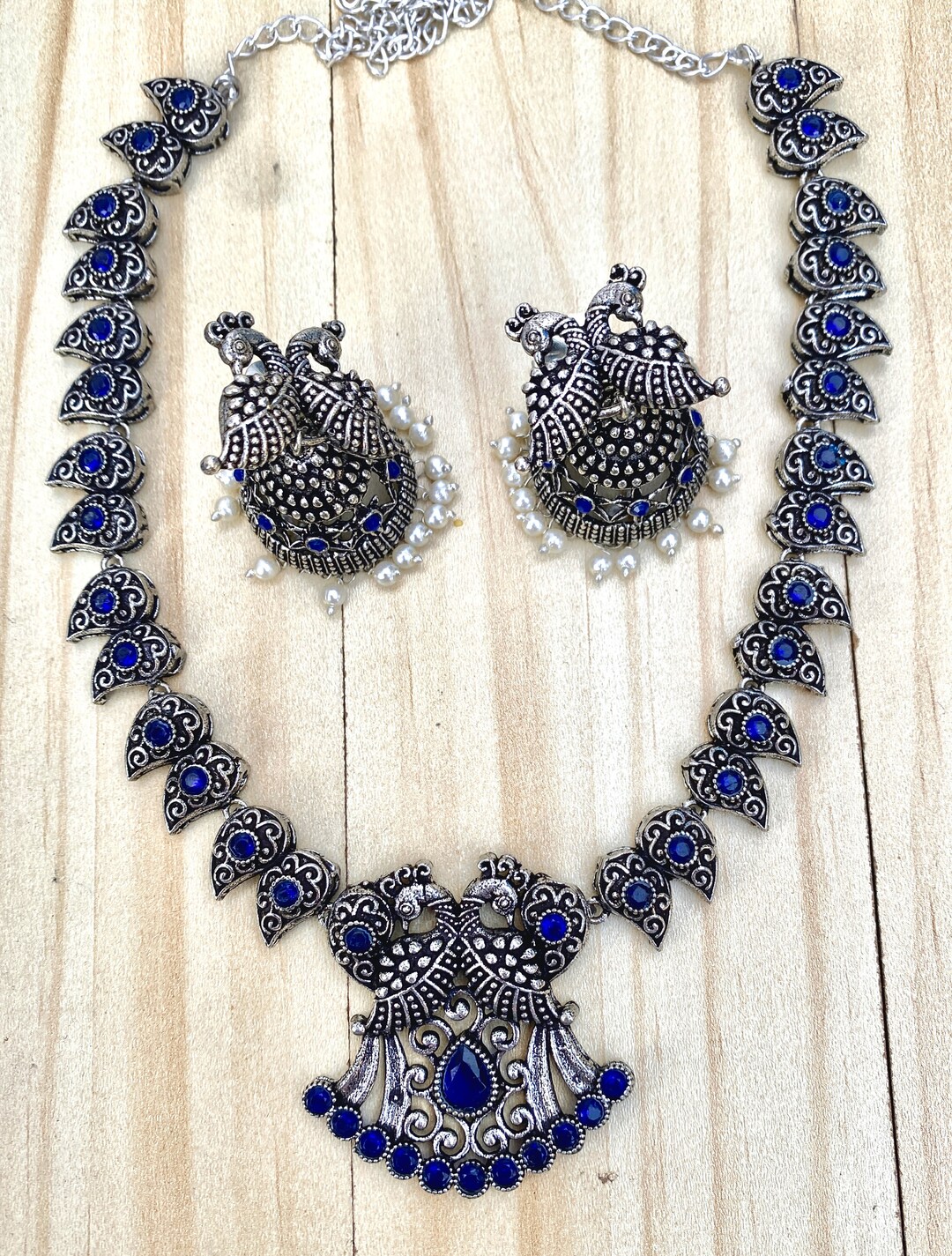 Oxidised Silver Plated Traditional Peacock Motif Necklace Set for Women