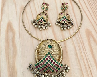 Antique Finish,Kemp Stone,Peacock Design,Ghungroos Pendant Necklace,Dangle Earrings,Gold Plated Ghungroos,Indian Bollywood Apala Finish Set