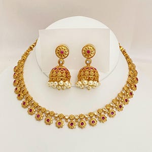 Matte Gold Finish,Ruby-Green Kemp Stone Pendant Necklace,Lightweight Jhumka Earrings,Indian Bollywood Ethnic Jewelry,South Indian Jewelry,