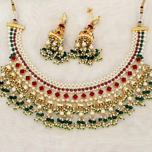 Pachi Kundan Ruby-Green Color Necklace with Pachi Kundan Jhumka Earrings,Rajasthani Jewelry,Polki Stone,Kundan Jewelry,Sabyasachi Inspired