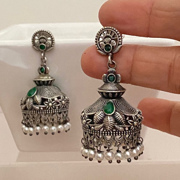 Silver Oxidized Jhumka Earrings,Black Stone Jhumki Earrings,Indian Earrings,Indian Bollywood Jewelry,Black Metal Earrings,