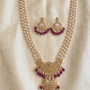 Pearl Haram Necklace Set | Ruby Chandbali Pendant AD Stone Chandbali Earrings | South Indian Bridal Jewelry Wedding Reception Gift for Her