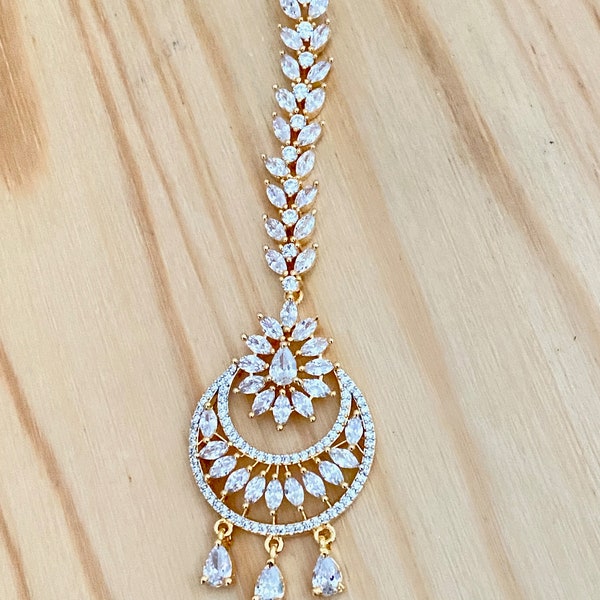 American Diamond Maang Ka Tikka, CZ Stone Gold-Silver Maang ka Tika,Indian Forehead Jewelry,Pakistani Jewelry,Jhoomar, Delicate Tikka