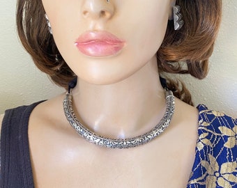 Silver Replica Pendant Hasli Necklace, Matching Earrings,Tribal Hasli,Silver Oxidized Lightweight Hasli Necklace,Indian Bollywood Necklace