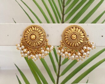 Pearl Cluster Stud Earrings | Antique Gold Floral Studs South Indian Jewelry | Everyday Ethnic Wear Wedding Festive Gift for Her