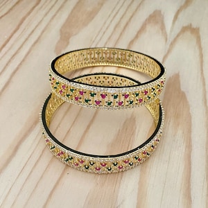 CZ,Cubic Zirconia/American Diamond Gold Plated Christmas Bracelets/Bangles,Pair of 2, Holiday/Wedding/Party Gift,Dainty Cute Indian Kada
