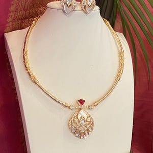 Kundan Pendant,Ruby stones,Gold Plated Necklace,Lightweight Stud Earrings,Indian Bollywood Wedding,Party Jewelry,kids/Teens Dainty Necklace