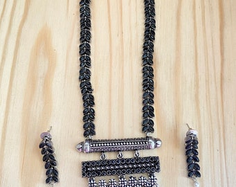 Oxidized German Silver Haram Necklace,Oxidized Earrings,Black Metal Finish,Pearl hangings,Indian Bollywood Jewelry,Ruby,Green Stone Necklace
