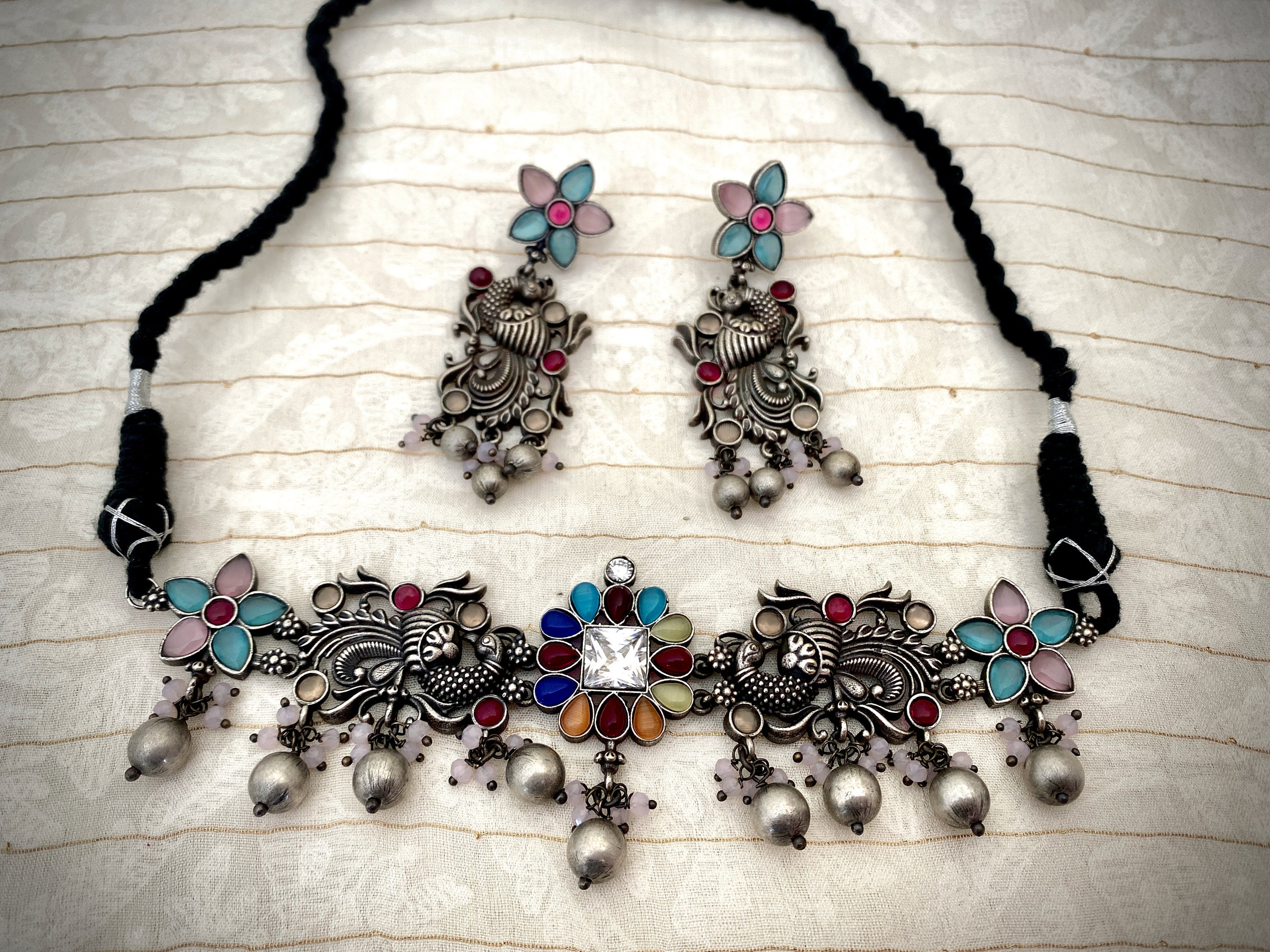 Boho,Indian Jewelry Peacock Necklace Bollywood Style Silver Oxidised Jewellery 