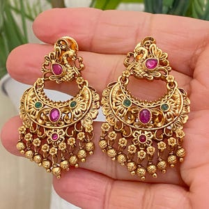 Matte Gold Plating,Antique Look,Ruby Green Kemp Stone Chandbali Peacock Earrings,Bollywood,South Indian Earrings,Traditional Ethnic Earrings