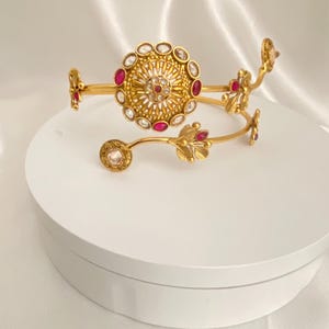 Gold Plated Bajubandh Armlet | Indian Bridal Vanki Upper Arm Cuff | Maharashtrian Wedding Jewelry | Adjustable South Indian Armband