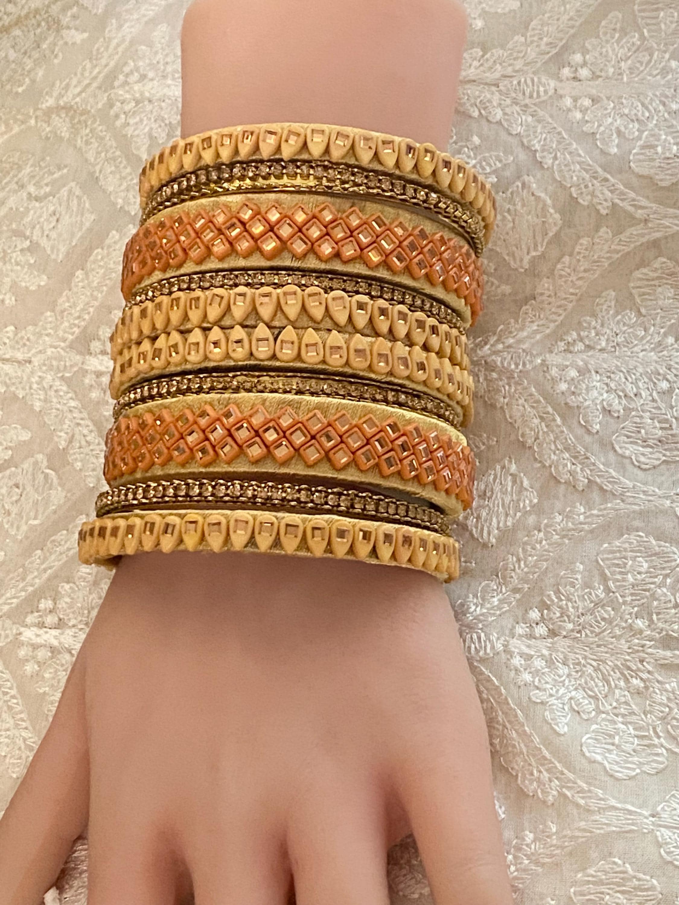Thread Bangles,rhinestone/mirror,gold-peach Color 10 Pieces