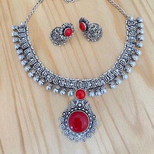 Silver Oxidized Kolhapuri Ruby/Red Necklace,Oxidized Jhumka Earrings,Indian Traditional Bollywood Bohemian,Oxidized Jewelry,Imitation Jewelr