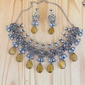 Silver Look Alike,White Stone Necklace with Earrings,Bollywood Silver Oxidized Necklace,Glass Quartz Jewelry,Yellow,Green,Gray Necklace