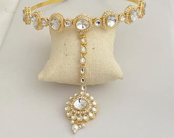 Soft Gold-Plated Kundan Headband Attached Tikka,2-in-1 Pearl Drop  Matha Patti Indian Bridal Hair Jewelry, Flexible Bridal Sheeshpatti Set