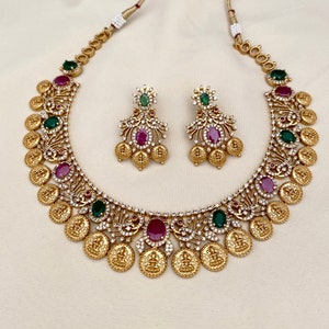 Gold Matte Finish AD and Kemp Stone Ruby-Green Kasumala Temple Necklace with Earrings,Traditional South Indian Jewelry,Bollywood Jewelry,