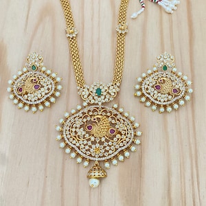 Matte Gold Finish,White AD and Ruby-Green Kemp Stone Necklace with Dangle Earrings,Bollywood Indian Wedding Necklace with Pearl Danglers