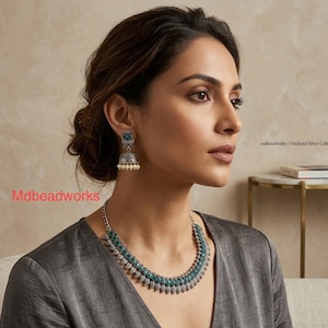Oxidized Silver Necklace,Ruby Green Stones Oxidised Necklace,Indian Bollywood Necklace,Lightweight Jhumka Earrings,Mango Design Necklace