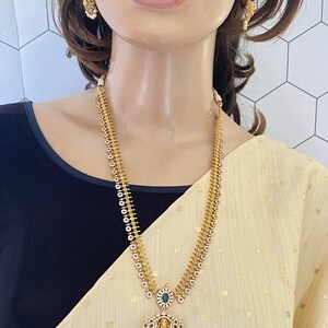 Matte Gold Finish,White AD and Green Kemp Stone Haram,Temple Necklace with Dangle Earrings,Bollywood Indian Wedding Necklace Pearl Danglers