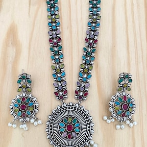 Oxidized German Silver Haram Necklace,Oxidized Earrings,Black Metal Finish,Pearl hangings,Indian Bollywood Jewelry,Ruby,Green Stone Necklace