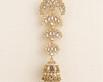 Kundan Jhumka Hair Billa,Mehandi Plating Bridal Hair Accessory,Indian Wedding Juda Billa Rajasthani Gujarati Punjabi Hair Bun, Pearl Tassels