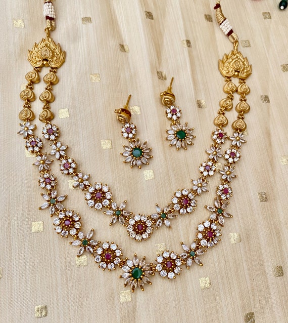 Matte Gold Finish,White AD,Ruby-Green Kemp Stone,Two Layered Necklace,Dangle Earrings,Contemporary Indian Wedding/Festival Jewelry,