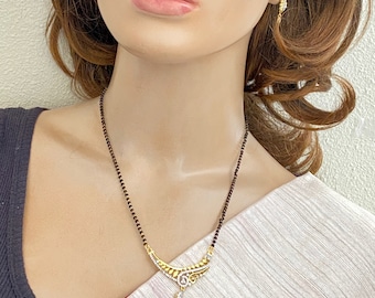 American Diamond Mangalsutra (AD)Necklace,Black beads,Gold/Silver Plated,Long Mangalsutra,Indian Bollywood Jewelry,Indian Bridal Jewelry