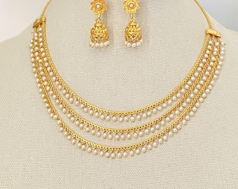 Gold Finish,Pearl chain,3 layers  necklace,Dainty Jhumka Earrings,Bollywood/South Indian Wedding Jewelry,Kids/Teen Jewelry