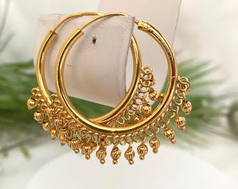 Indian Bali Hoop Earrings| Jhumka Hoop Earrings| Antique Gold Earrings| South Indian Punjabi Earrings | Ruby Green Beaded Statement Earrings