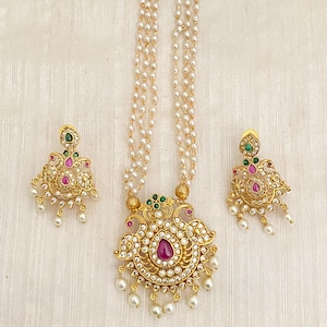 Gold Plated AD/CZ Peacock Pendant Necklace,Ruby-Green Kemp/Kempu Stone,AD Stud Earrings,South Indian Necklace,Bollywood Jewelry,Pearl Chain