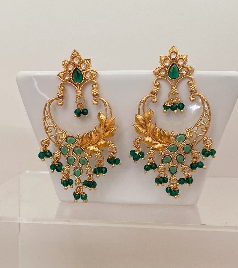 Gold Finish Light Chandbali Antique Earrings,Kemp Stone Chandbali Necklace,Indian Bollywood Jewelry,South Indian traditional Ethnic Earrings image 1