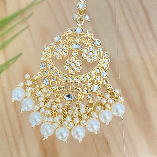 Chandbali Maang Ka Tikka, Gold Plated Maang ka Tika with pearls,Indian Forehead Jewelry,Punjabi wedding Tikka,Pakistani Jewelry,Jhoomar,