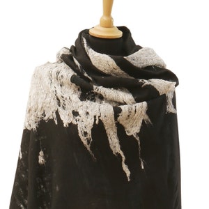 Wool wrap shawl for women, Large felt shawl in black and white. Oversized Black and white merino wool wrap, Festival clothing.