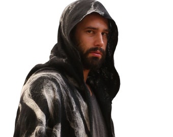 Poncho with hood. Mens Wrap/Scarf/Shawl/Ruana. Handmade Black and White winter wool wrap.
