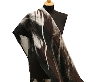 Eco friendly gift, Wild winter felt scarf/shawl in natural brown, black and white, Handmade from extra fine merino wool.