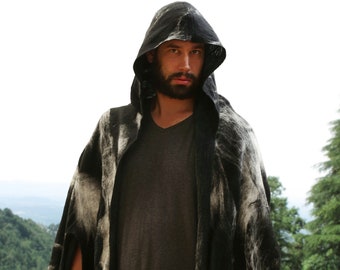 Men's winter wool poncho/ scarf/ wrap/ hoodie handmade of black and white merino wool.