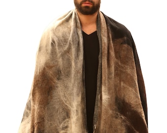 MAN'S PONCHO WRAP, Wool wrap in beige and brown. Oversized scarf for men.