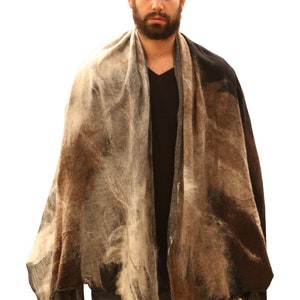 MAN&#39;S PONCHO WRAP, Wool wrap in beige and brown. Oversized scarf for men.
