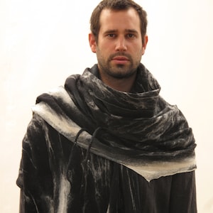 Mens poncho, Festival Blanket scarf, Huge black scarf, Tribal clothing, Nuno felt scarf, Wool scarf, Gothic scarf, Shaman cape