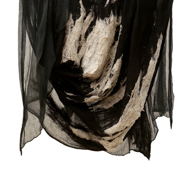 RAW Silk SHAWL, Ruana, Wrap, nuno felt huge handmade black and white wrap.