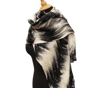 BLACK and WHITE wool scarf, wrap, shawl, Felt scarf made of extra fine merino wool.