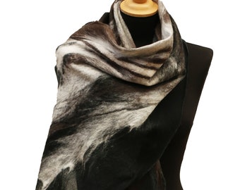 Long winter wool scarf in brown and black, Handmade felt scarf/ shawl foe women