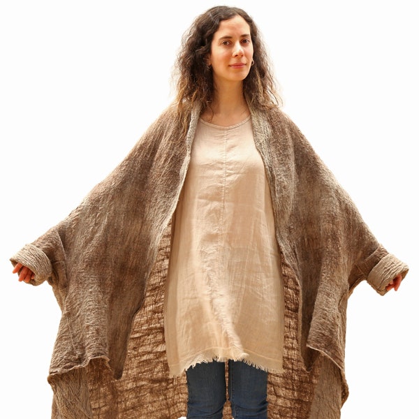 Burning man woman wrap, Shaman women coat, Hand felted nomad wool coat in beige and brown, natural wool coat,