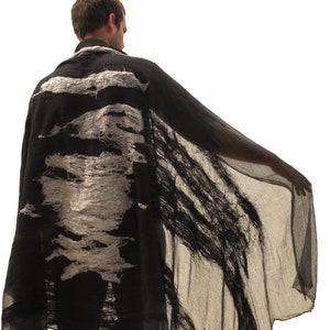 BURNING MAN RUANA for men, Festival wrap, scarf, shawl, poncho, Black wool and raw silk huge scarf, Shaman blanket