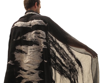 BURNING MAN RUANA for men, Festival wrap, scarf, shawl, poncho, Black wool and raw silk huge scarf, Shaman blanket