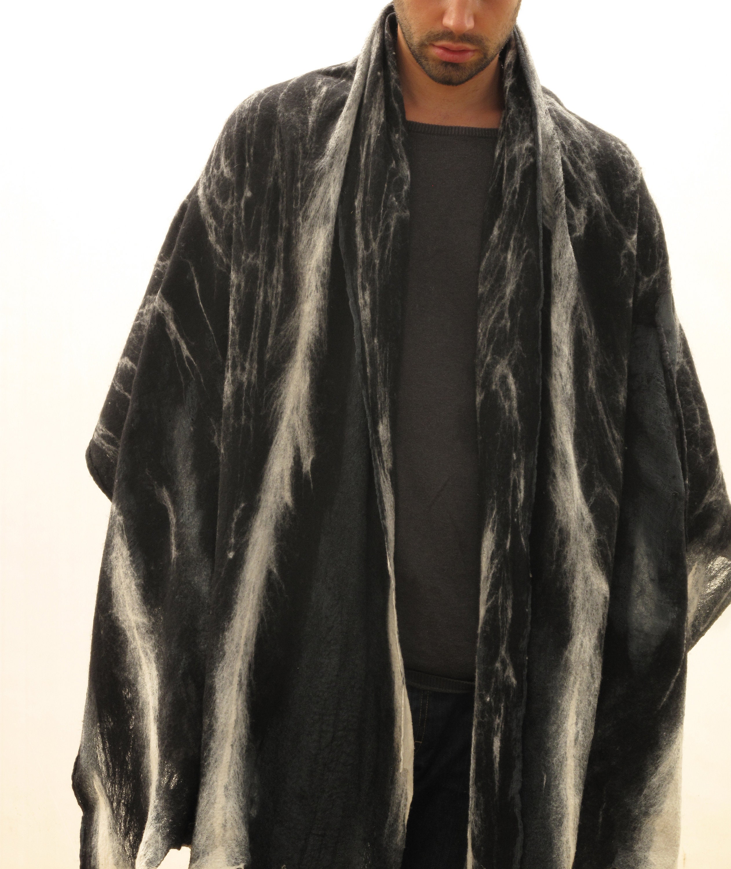 MEN'S PONCHO, Black Wool Wrap, Scarf, Huge Man Scarf