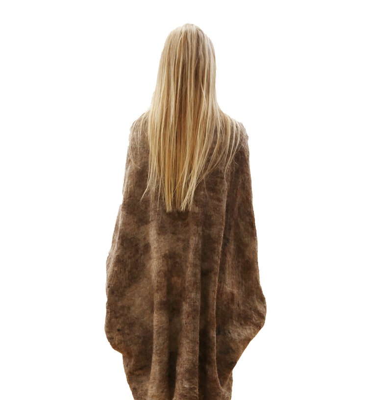 Burning man woman wrap, Shaman women coat, Hand felted nomad wool coat in beige and brown, natural wool coat, image 4