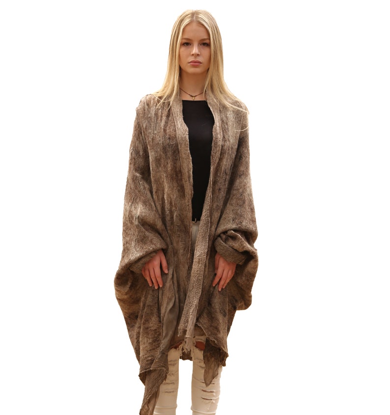 Burning man woman wrap, Shaman women coat, Hand felted nomad wool coat in beige and brown, natural wool coat, image 5