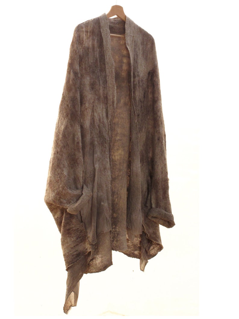Burning man woman wrap, Shaman women coat, Hand felted nomad wool coat in beige and brown, natural wool coat, image 6