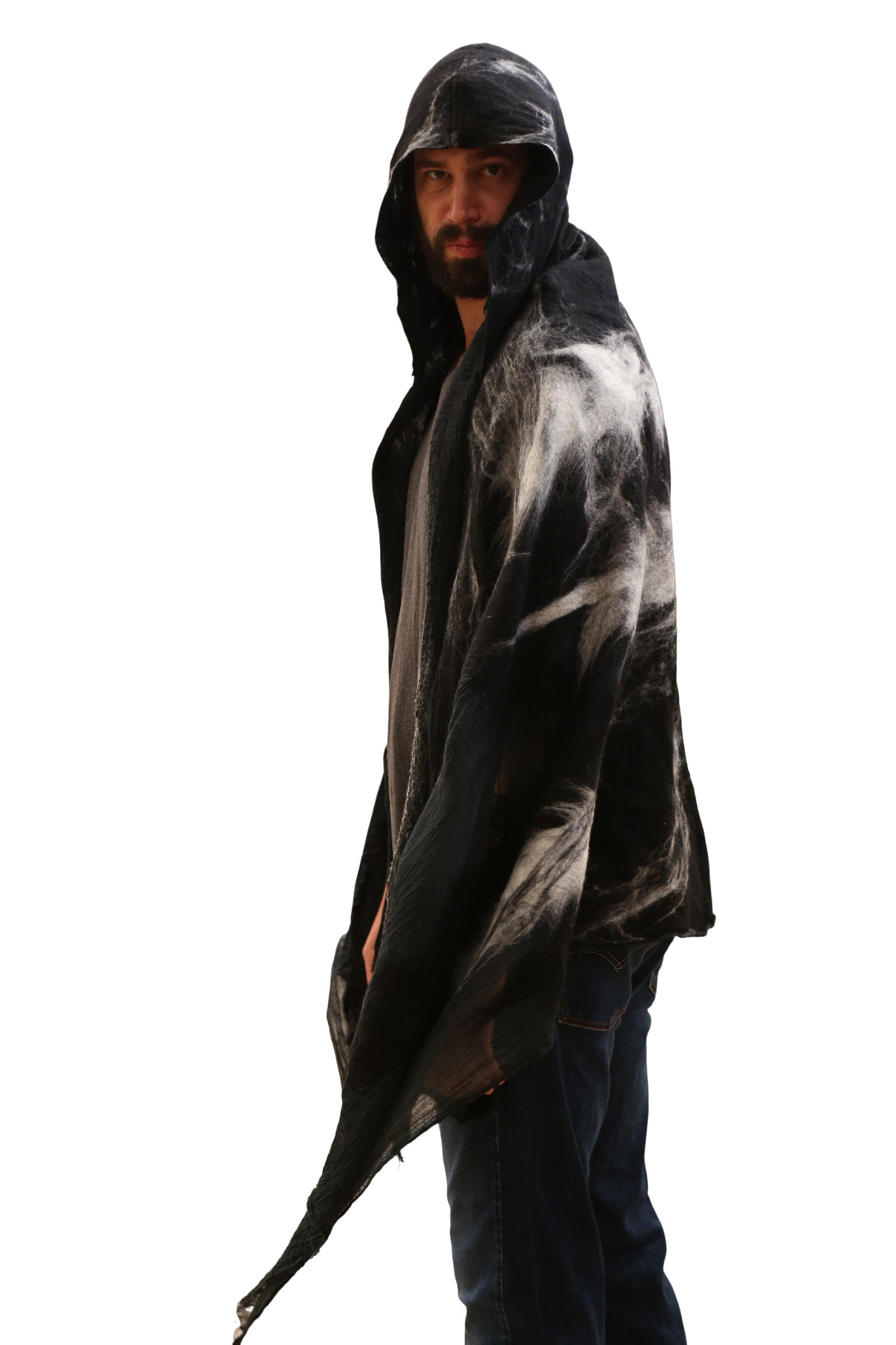 Poncho With Hood. Mens Wrap/scarf/shawl/ruana. Handmade Black and White ...
